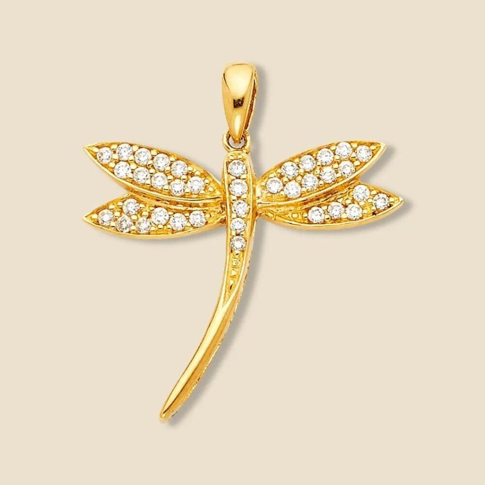 14K Solid Gold Dragonfly Pendant with Cubic Zirconia Accents